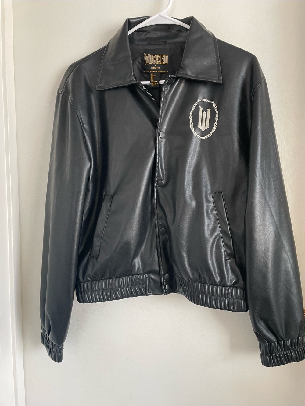 Wicked Black Faux-Leather Pea Coat with Emblem